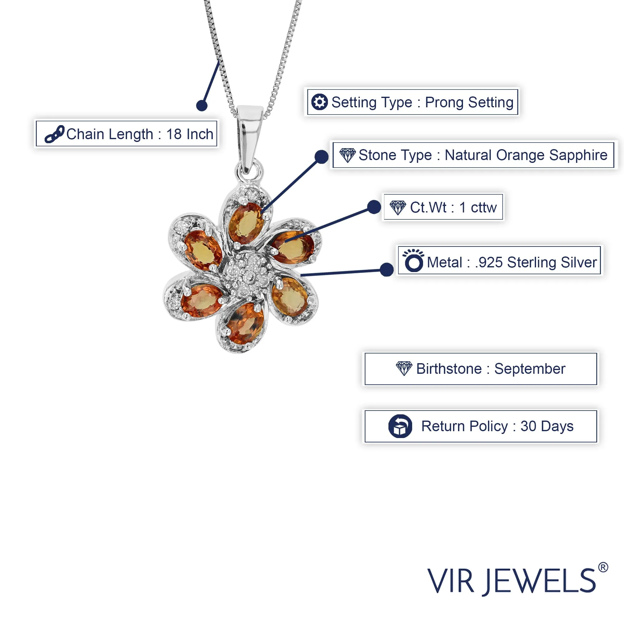 1 cttw Pendant Necklace, Orange Sapphire Pendant Necklace for Women in .925 Sterling Silver, 18 Inch Chain, Prong Setting