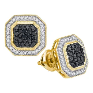 10K Yellow Gold Round Black Color Enhanced Diamond Octagon Geometric Cluster Earrings 1/2 Cttw