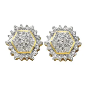 10K Yellow Gold Round Diamond Hexagon Geometric Cluster Earrings 1/10 Cttw