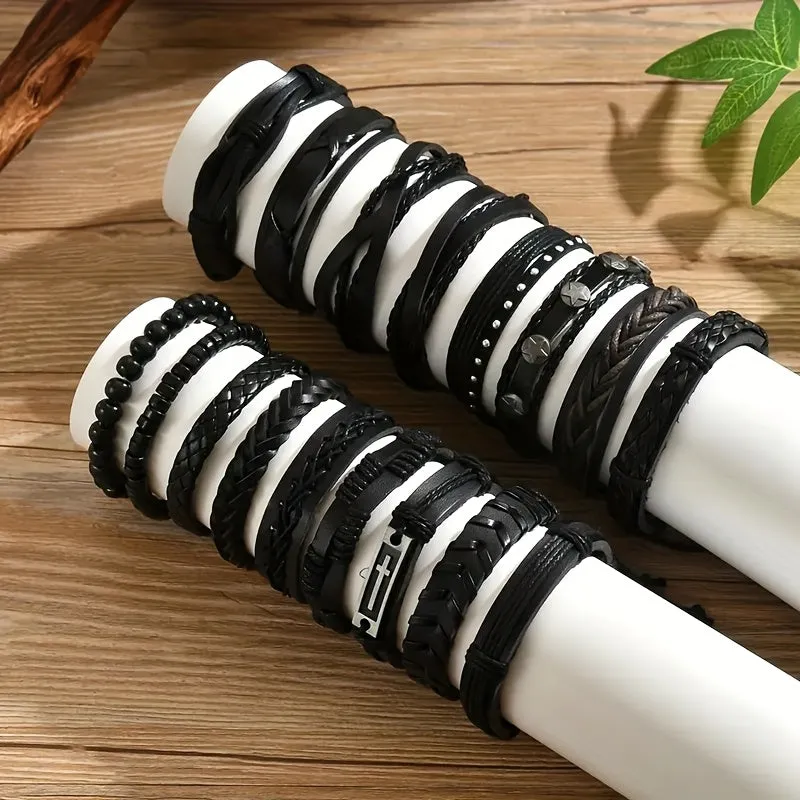 10pcs Mixed Leather Men's Bracelet Set Sporty & Casual Style