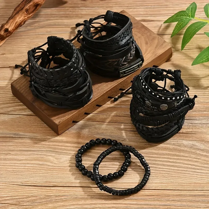 10pcs Mixed Leather Men's Bracelet Set Sporty & Casual Style