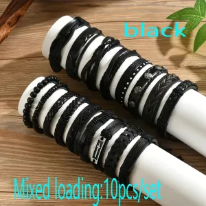 10pcs Mixed Leather Men's Bracelet Set Sporty & Casual Style