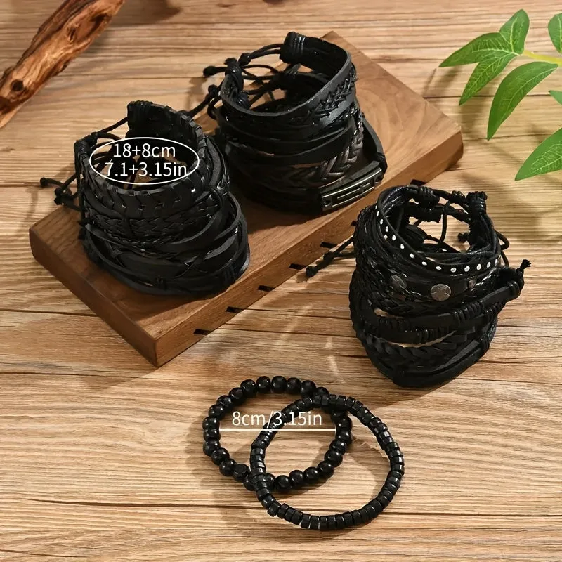 10pcs Mixed Leather Men's Bracelet Set Sporty & Casual Style