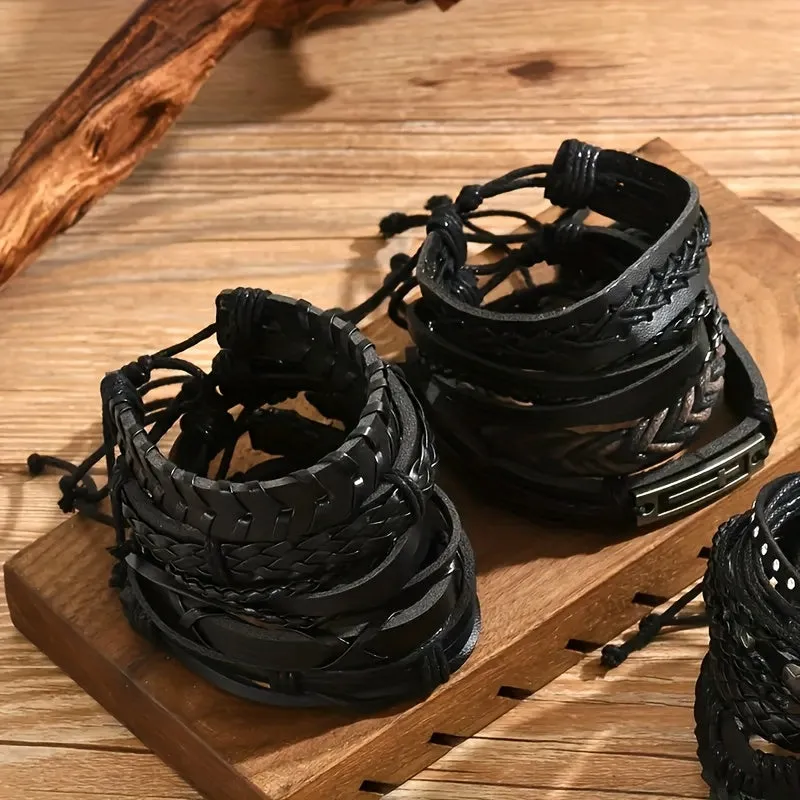 10pcs Mixed Leather Men's Bracelet Set Sporty & Casual Style