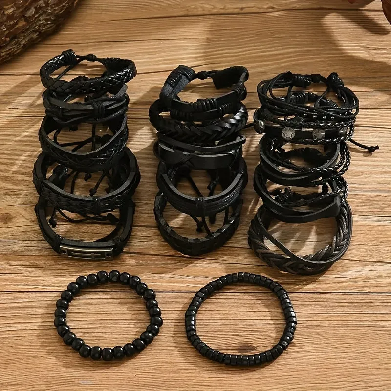10pcs Mixed Leather Men's Bracelet Set Sporty & Casual Style