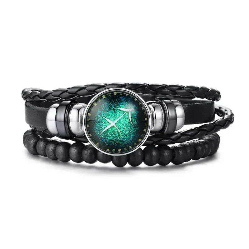 12 Horoscope Multi-layer Leather Rope Bracelets for Men Women Gifts Vintage