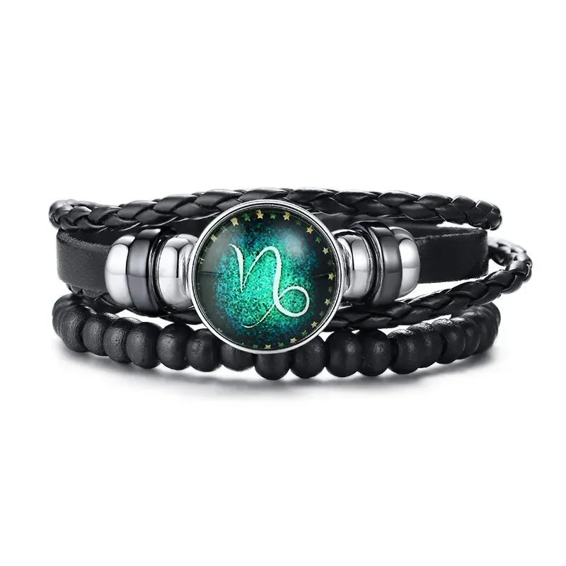 12 Horoscope Multi-layer Leather Rope Bracelets for Men Women Gifts Vintage