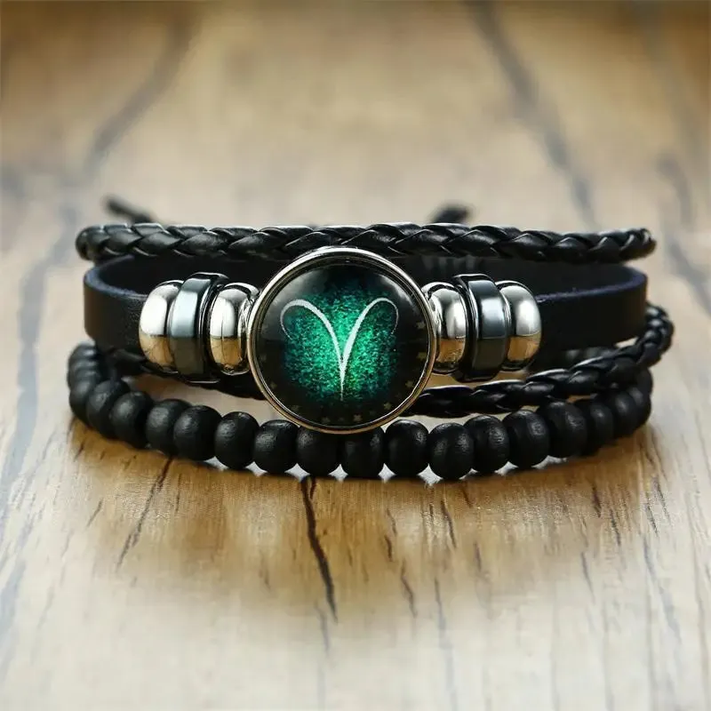 12 Horoscope Multi-layer Leather Rope Bracelets for Men Women Gifts Vintage
