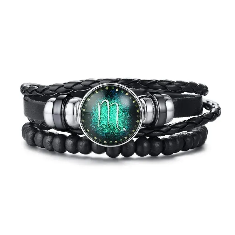 12 Horoscope Multi-layer Leather Rope Bracelets for Men Women Gifts Vintage