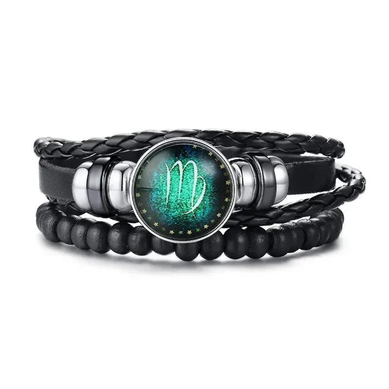 12 Horoscope Multi-layer Leather Rope Bracelets for Men Women Gifts Vintage