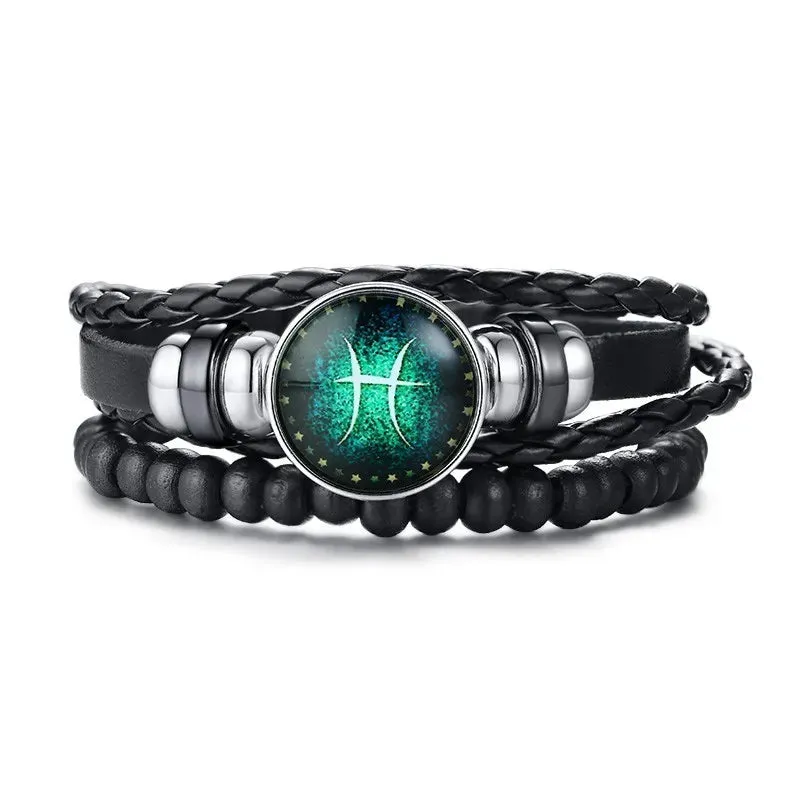12 Horoscope Multi-layer Leather Rope Bracelets for Men Women Gifts Vintage
