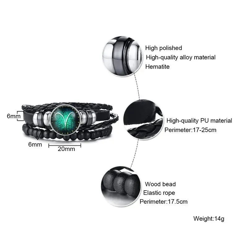 12 Horoscope Multi-layer Leather Rope Bracelets for Men Women Gifts Vintage