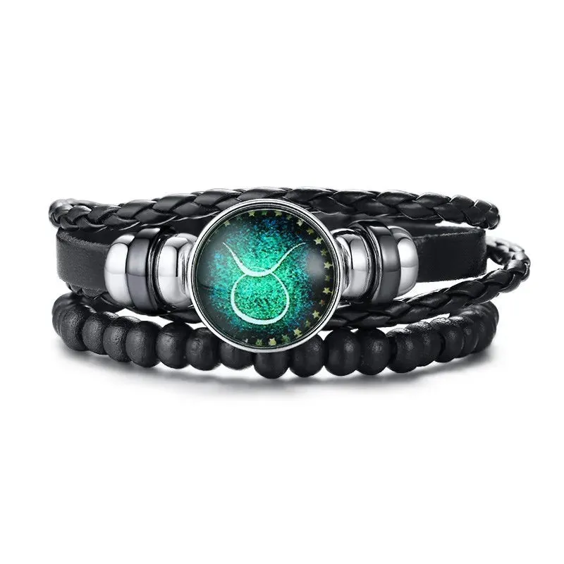 12 Horoscope Multi-layer Leather Rope Bracelets for Men Women Gifts Vintage