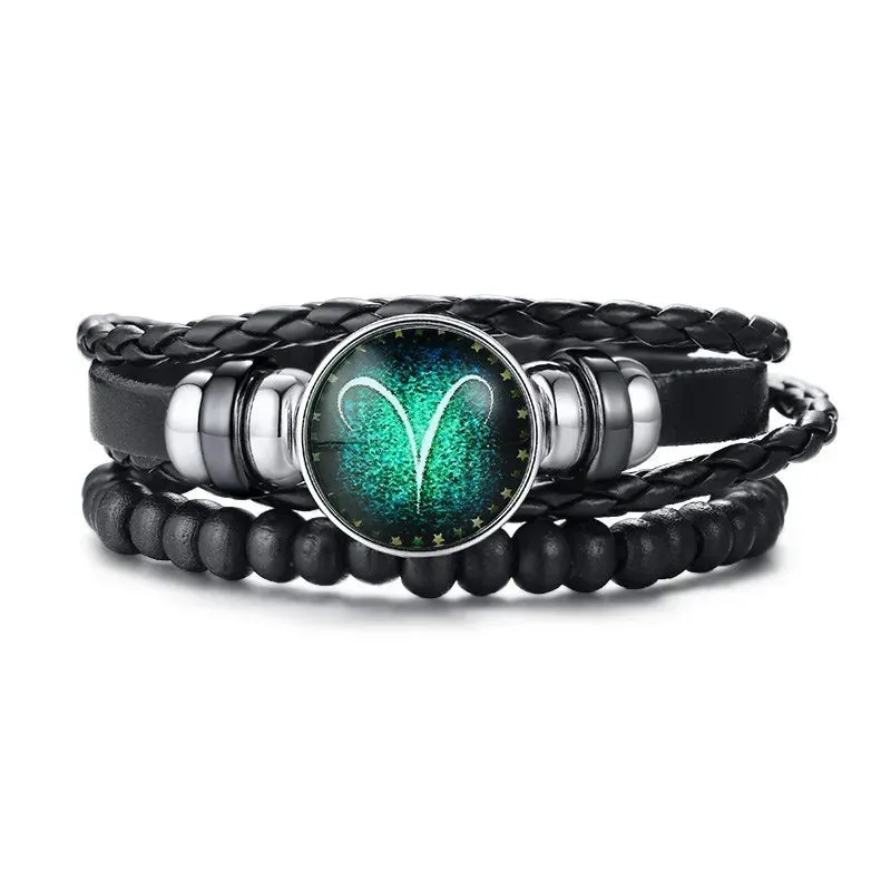 12 Horoscope Multi-layer Leather Rope Bracelets for Men Women Gifts Vintage