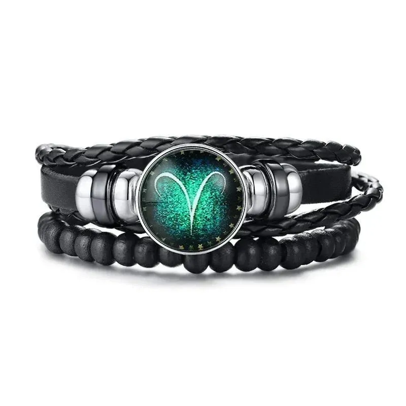 12 Horoscope Multi-layer Leather Rope Bracelets for Men Women Gifts Vintage