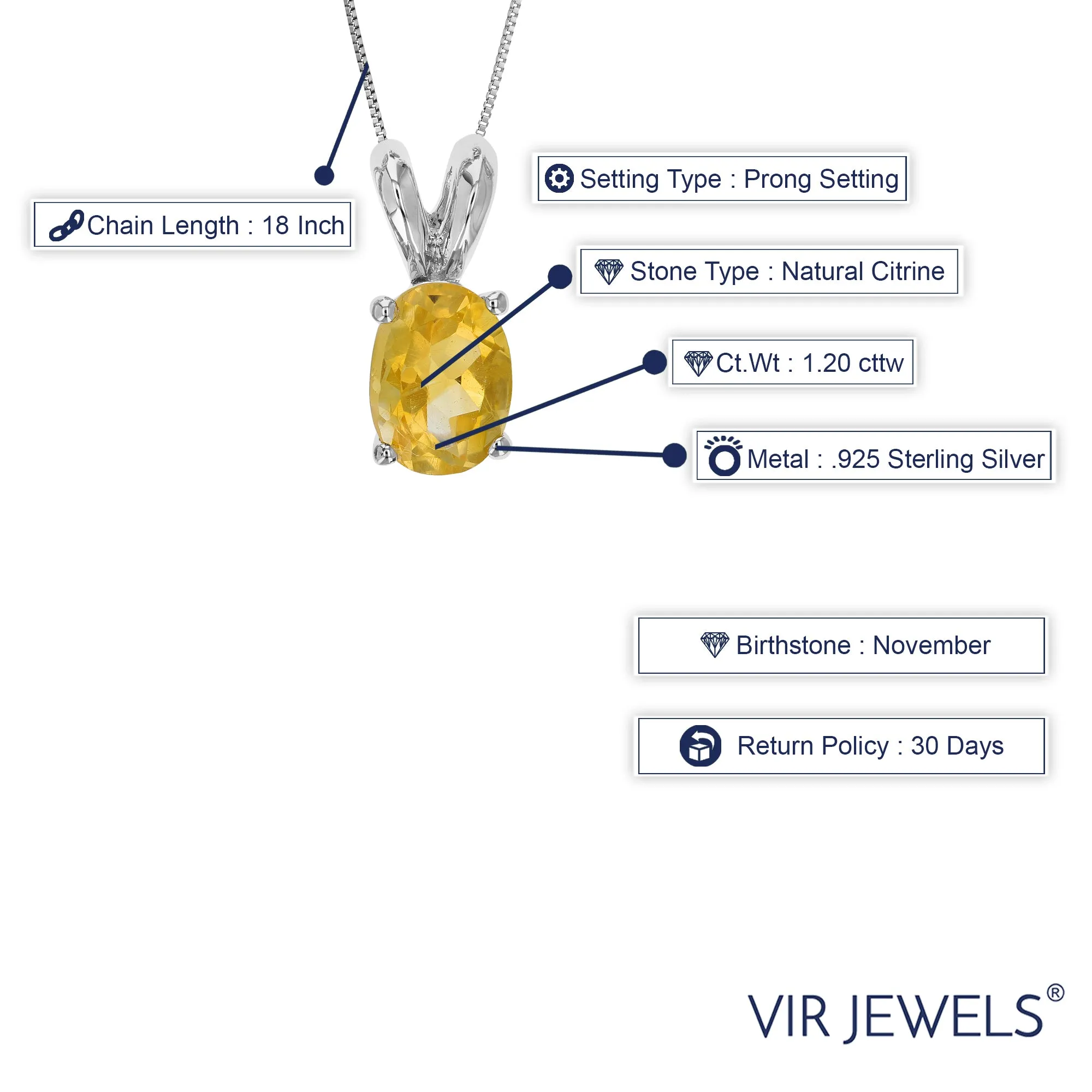 1.20 cttw Pendant Necklace, Citrine Oval Pendant Necklace for Women in .925 Sterling Silver with Rhodium, 18 Inch Chain, Prong Setting