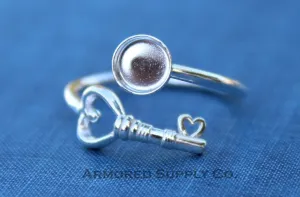 12mm Bezel Silver Heart Key Bypass Wrap Adjustable Ring blank