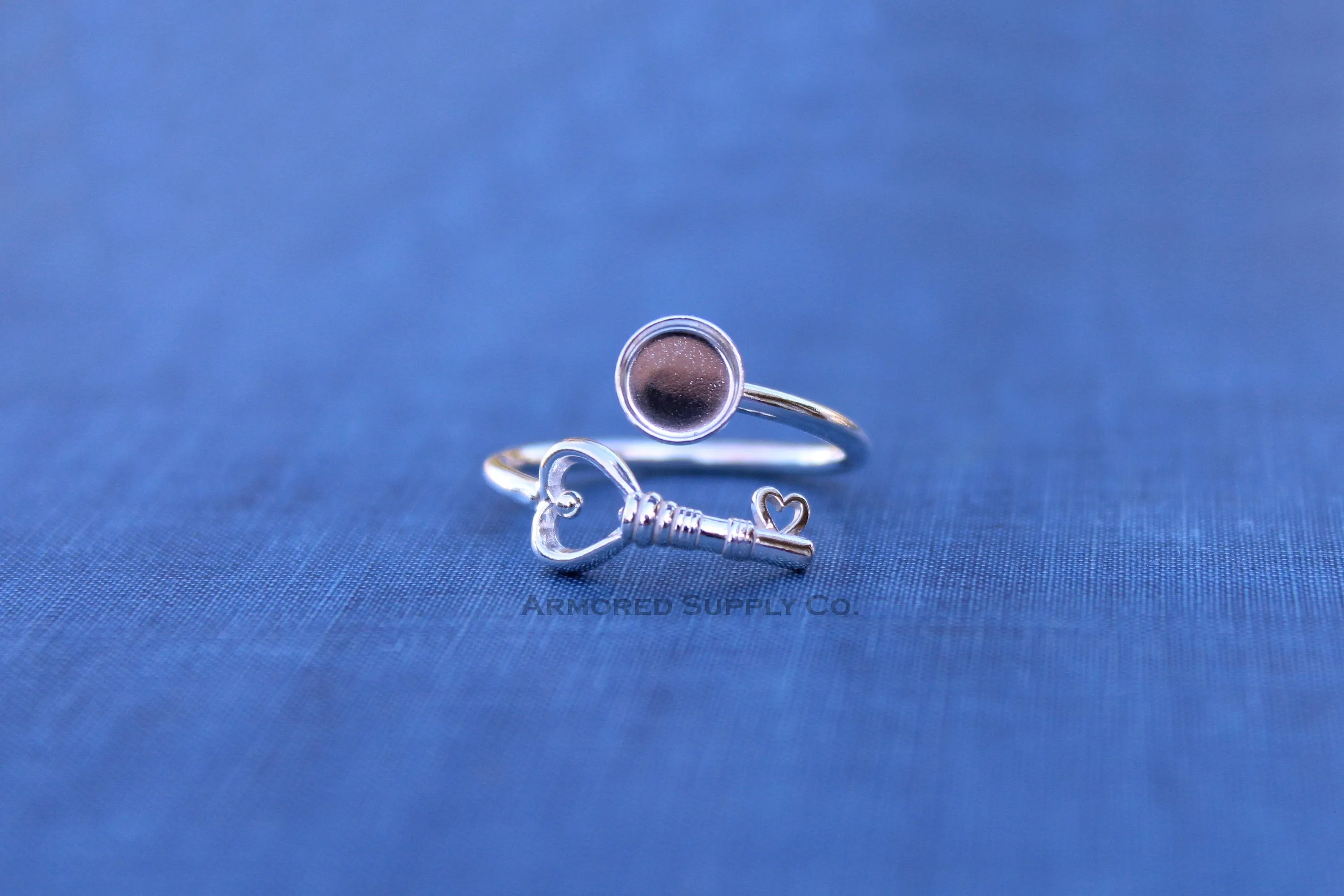 12mm Bezel Silver Heart Key Bypass Wrap Adjustable Ring blank