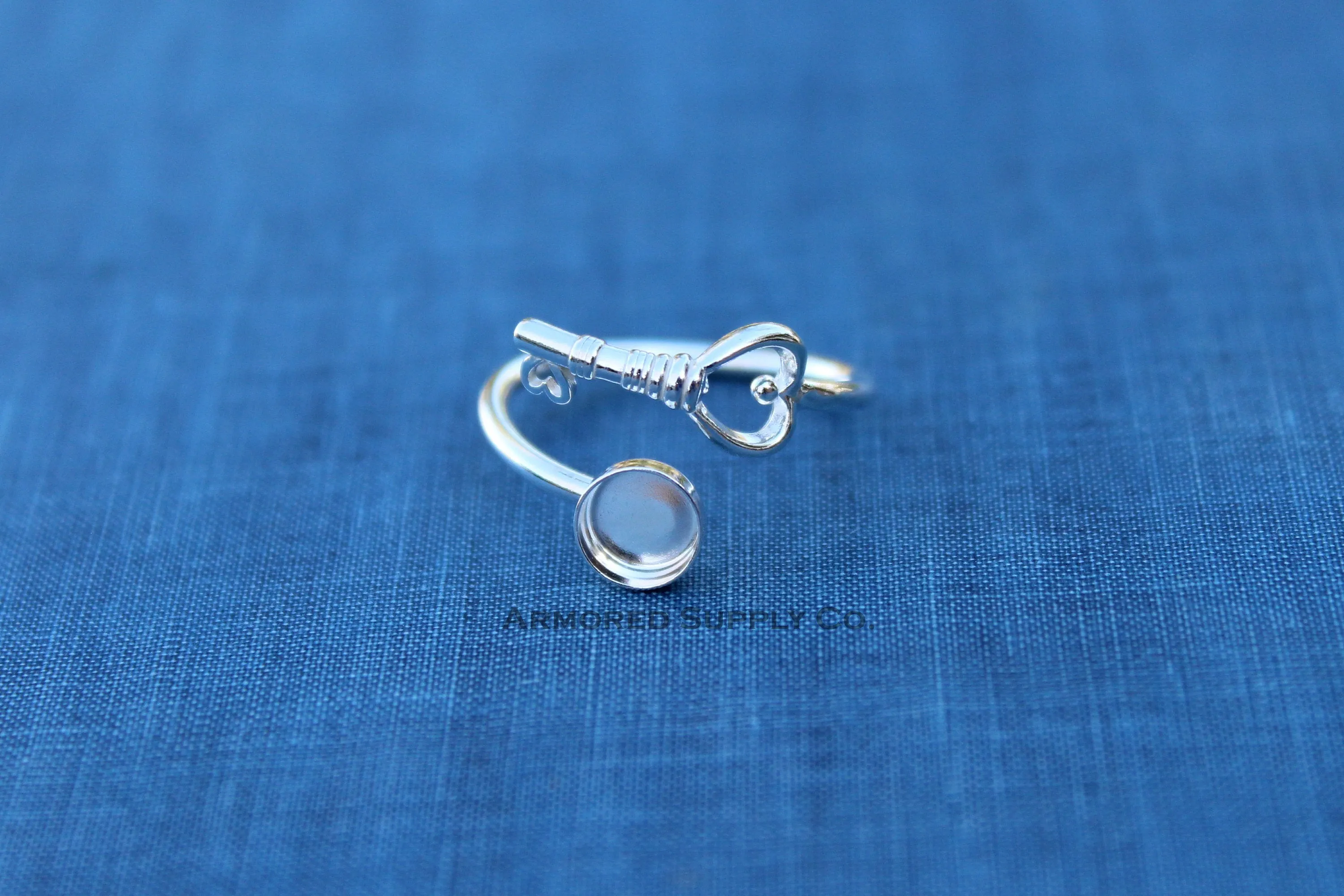 12mm Bezel Silver Heart Key Bypass Wrap Adjustable Ring blank