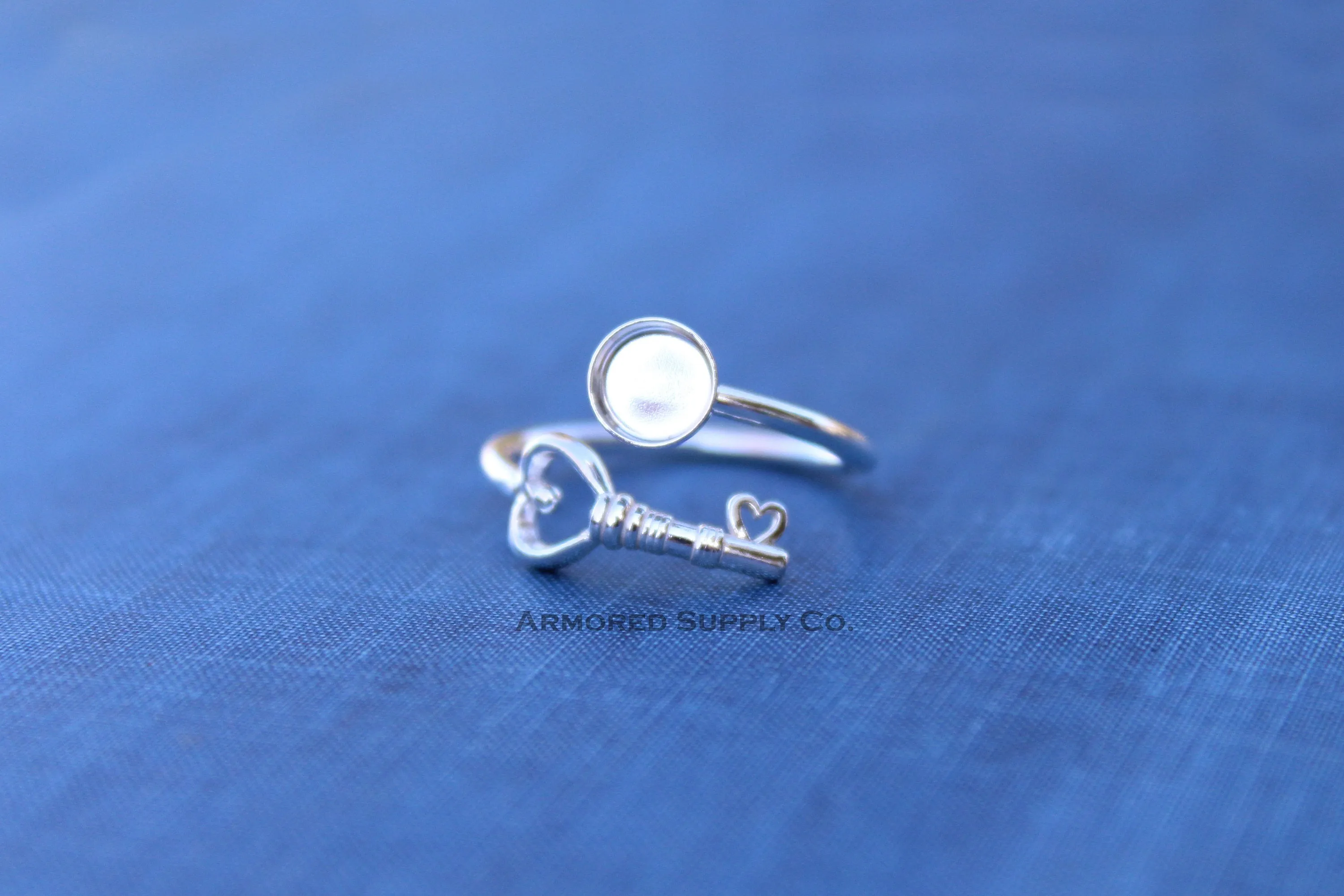 12mm Bezel Silver Heart Key Bypass Wrap Adjustable Ring blank
