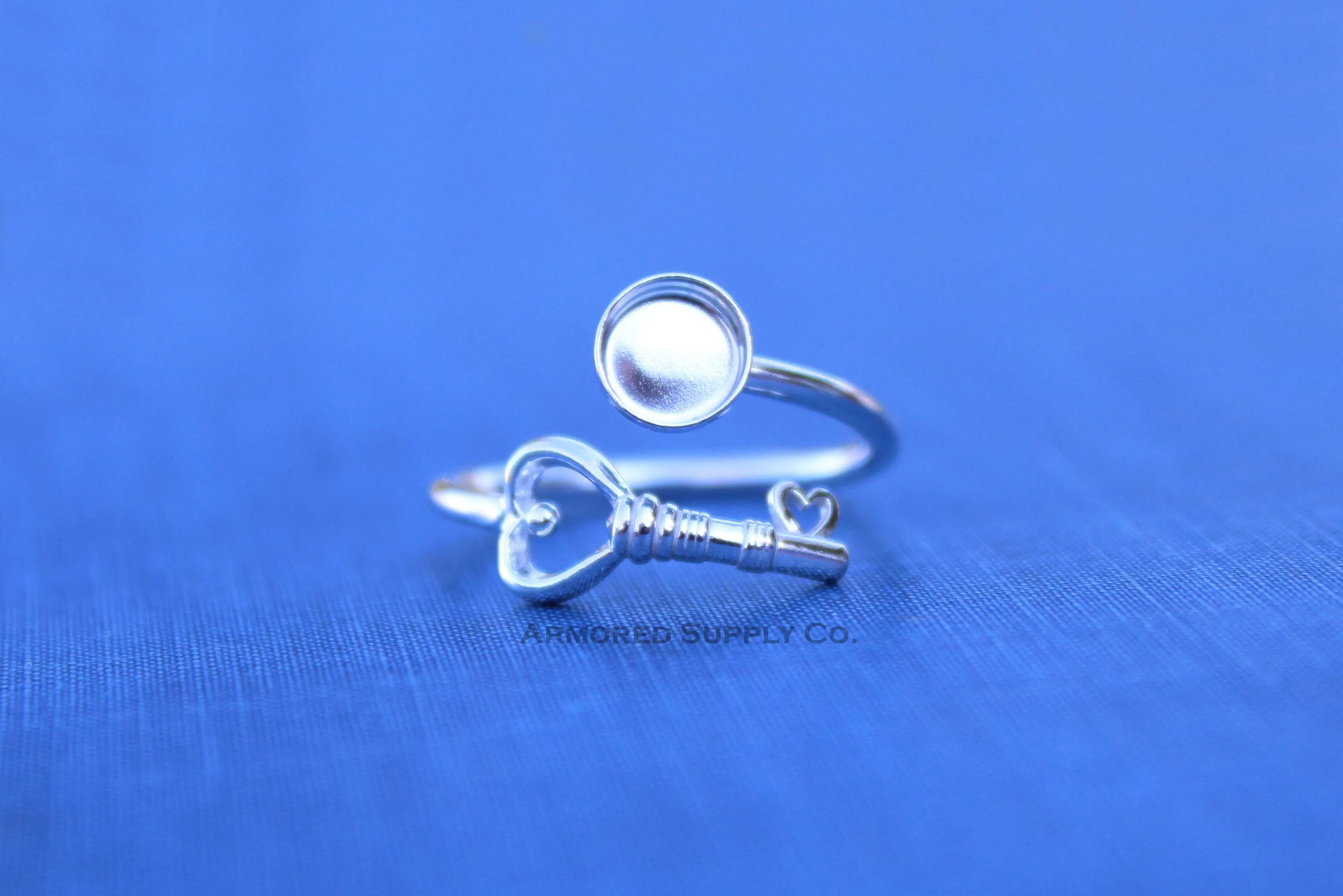 12mm Bezel Silver Heart Key Bypass Wrap Adjustable Ring blank