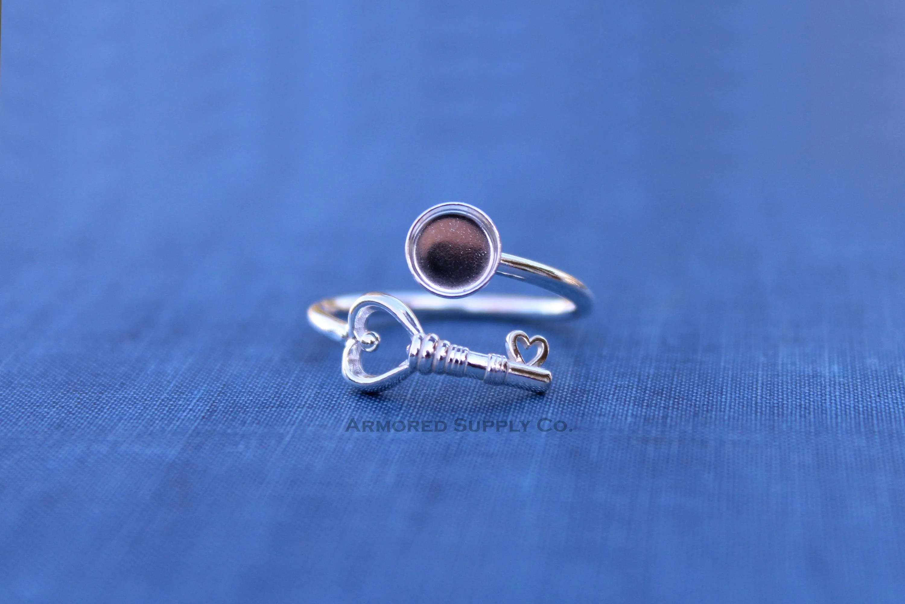 12mm Bezel Silver Heart Key Bypass Wrap Adjustable Ring blank