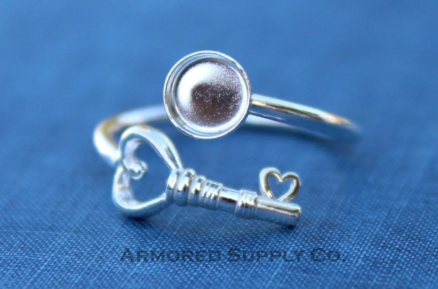 12mm Bezel Silver Heart Key Bypass Wrap Adjustable Ring blank