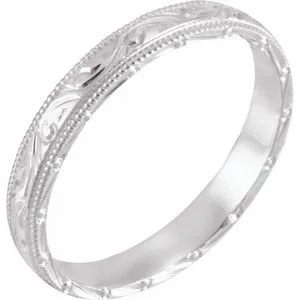 14K White 3 mm Design-Engraved Milgrain Band Size 10