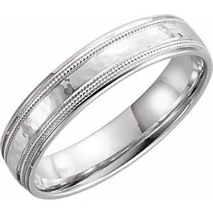 14K White 5 mm Flat Edge Band with Hammer Finish & Milgrain Size 10.5