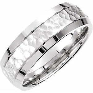14K White 7.5 mm Concave Beveled-Edge Band with Satin Hammer Finish Size 10.5