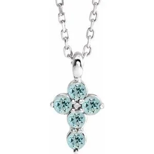 14K White Aquamarine Cross 16-18" Necklace