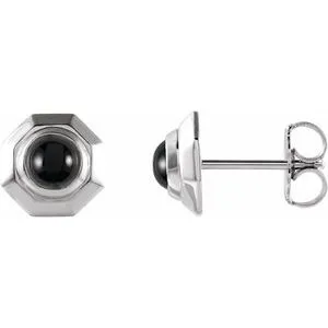 14K White Natural Black Onyx Geometric Cabochon Earrings