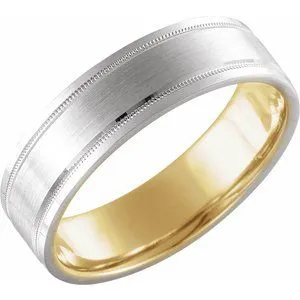 14K White/Yellow 6 mm Flat Band with Milgrain & Matte Finish Size 10