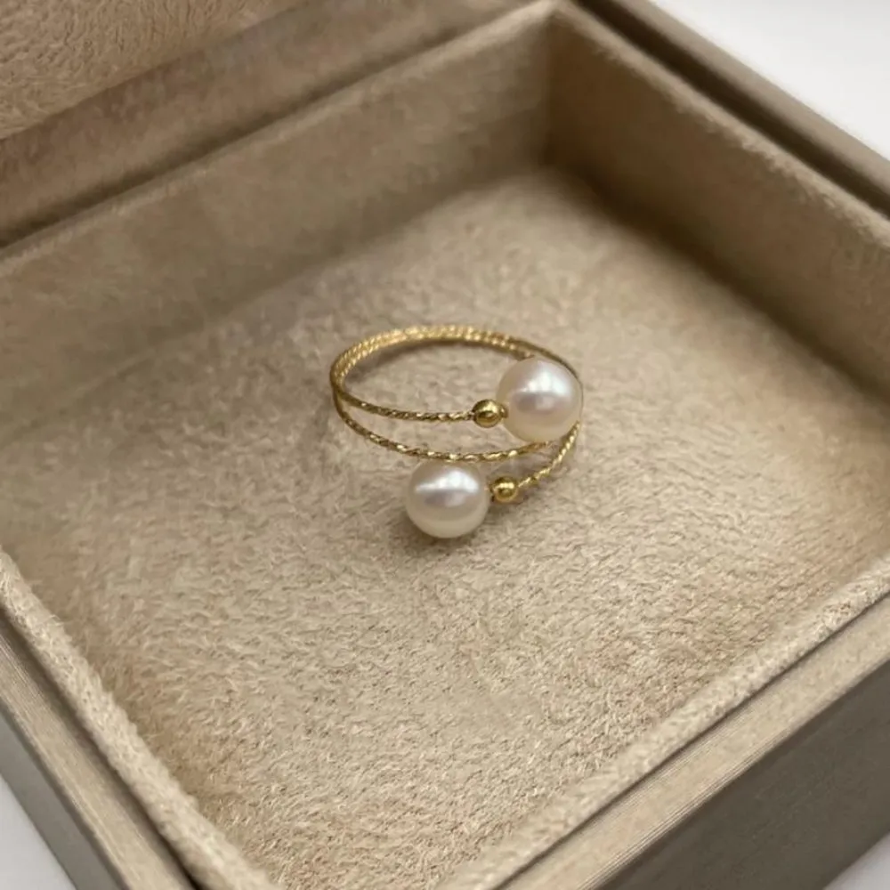 18K Solid Gold Natural Freshwater Pearl Rings Bead Elastic Beautiful Jewelry Open Size