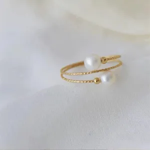 18K Solid Gold Natural Freshwater Pearl Rings Bead Elastic Beautiful Jewelry Open Size