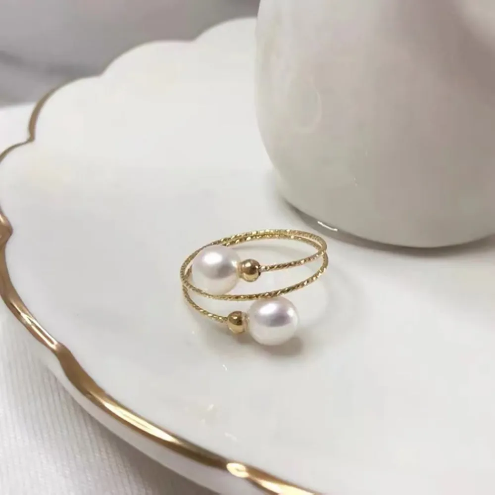18K Solid Gold Natural Freshwater Pearl Rings Bead Elastic Beautiful Jewelry Open Size