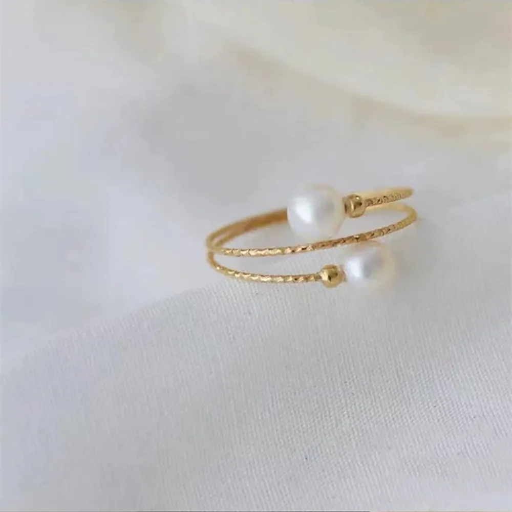 18K Solid Gold Natural Freshwater Pearl Rings Bead Elastic Beautiful Jewelry Open Size
