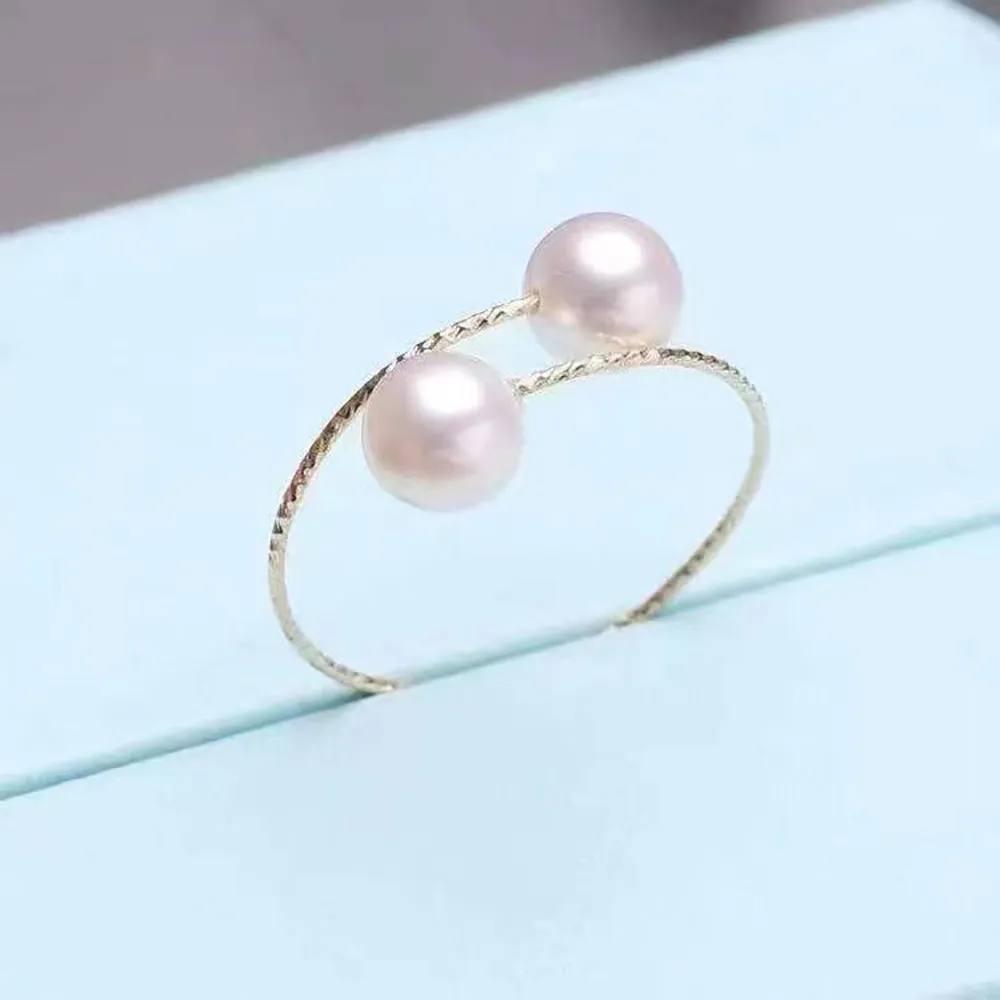 18K Solid Gold Natural Freshwater Pearl Rings Bead Elastic Beautiful Jewelry Open Size