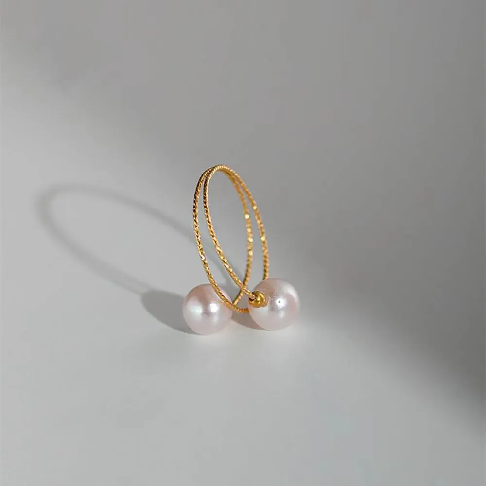 18K Solid Gold Natural Freshwater Pearl Rings Bead Elastic Beautiful Jewelry Open Size