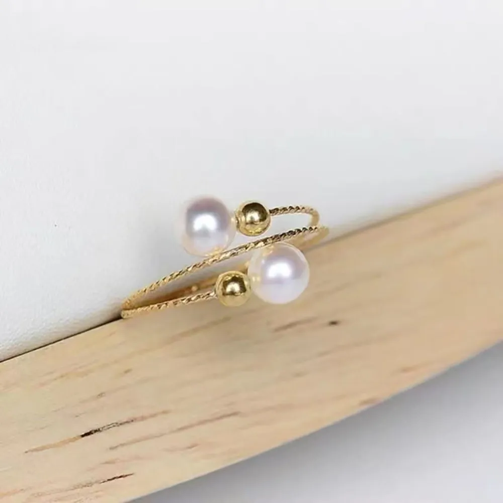 18K Solid Gold Natural Freshwater Pearl Rings Bead Elastic Beautiful Jewelry Open Size