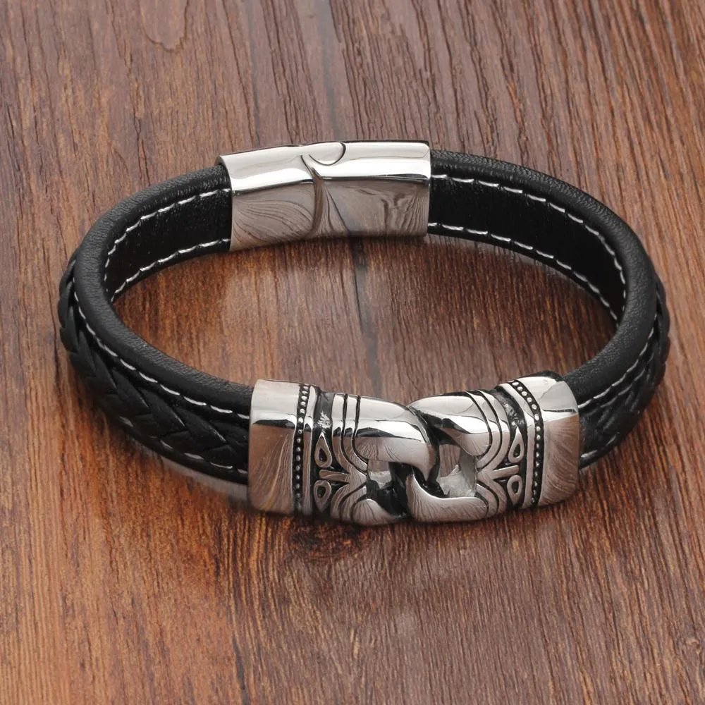 21.5cm Genuine Leather Bracelets For Men Father's Day Gift Jewelry Ancient Stainless Steel Bracelets & Bangle