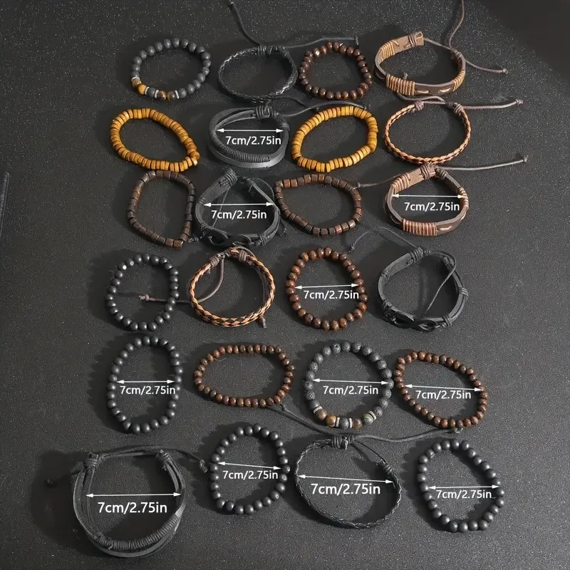 24pcs Men's Accessory Set Faux Leather & Wood Bead Layered Versatile Casual Wear