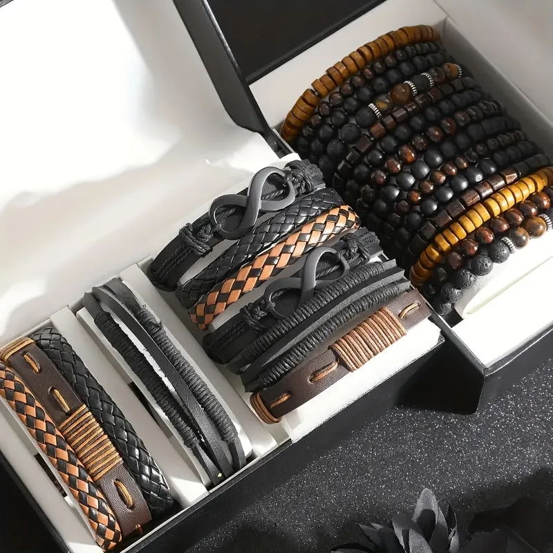 24pcs Men's Accessory Set Faux Leather & Wood Bead Layered Versatile Casual Wear