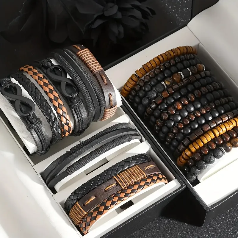 24pcs Men's Accessory Set Faux Leather & Wood Bead Layered Versatile Casual Wear