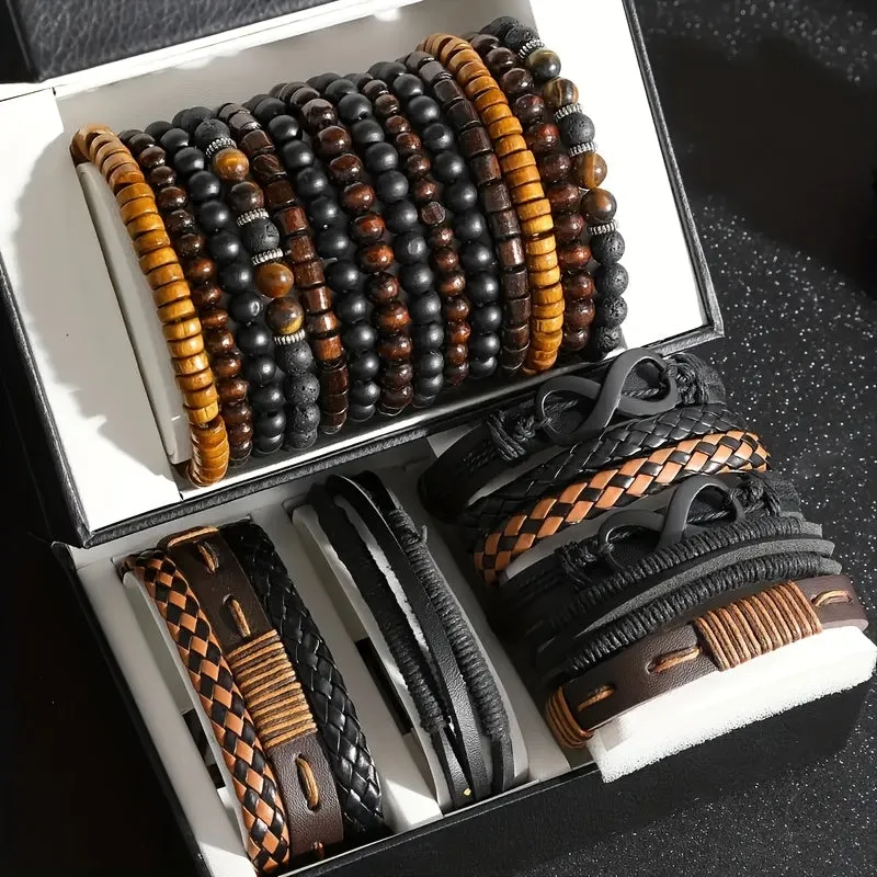 24pcs Men's Accessory Set Faux Leather & Wood Bead Layered Versatile Casual Wear