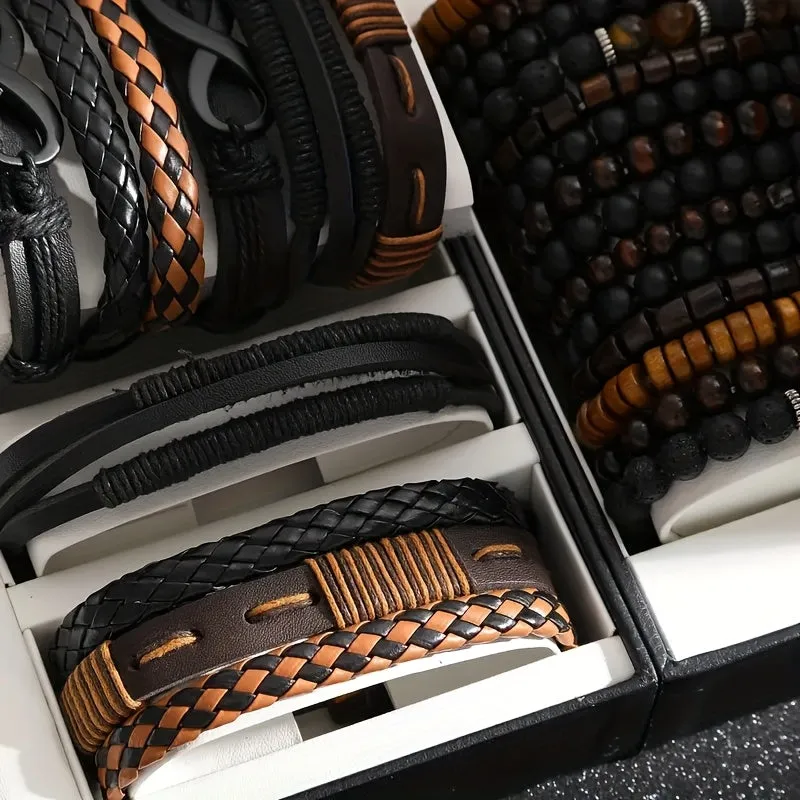 24pcs Men's Accessory Set Faux Leather & Wood Bead Layered Versatile Casual Wear