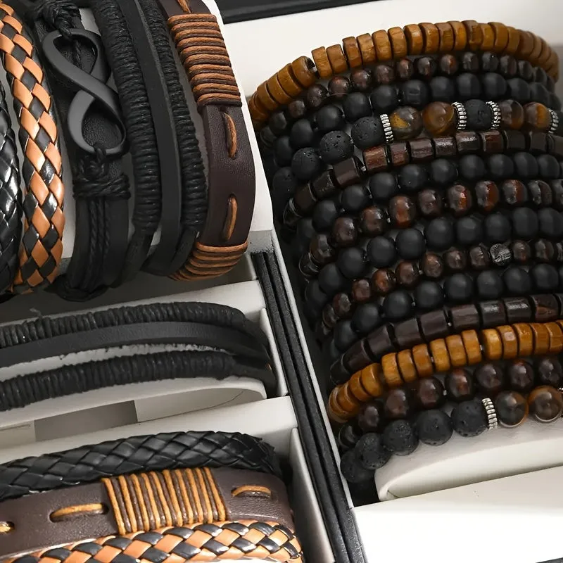 24pcs Men's Accessory Set Faux Leather & Wood Bead Layered Versatile Casual Wear