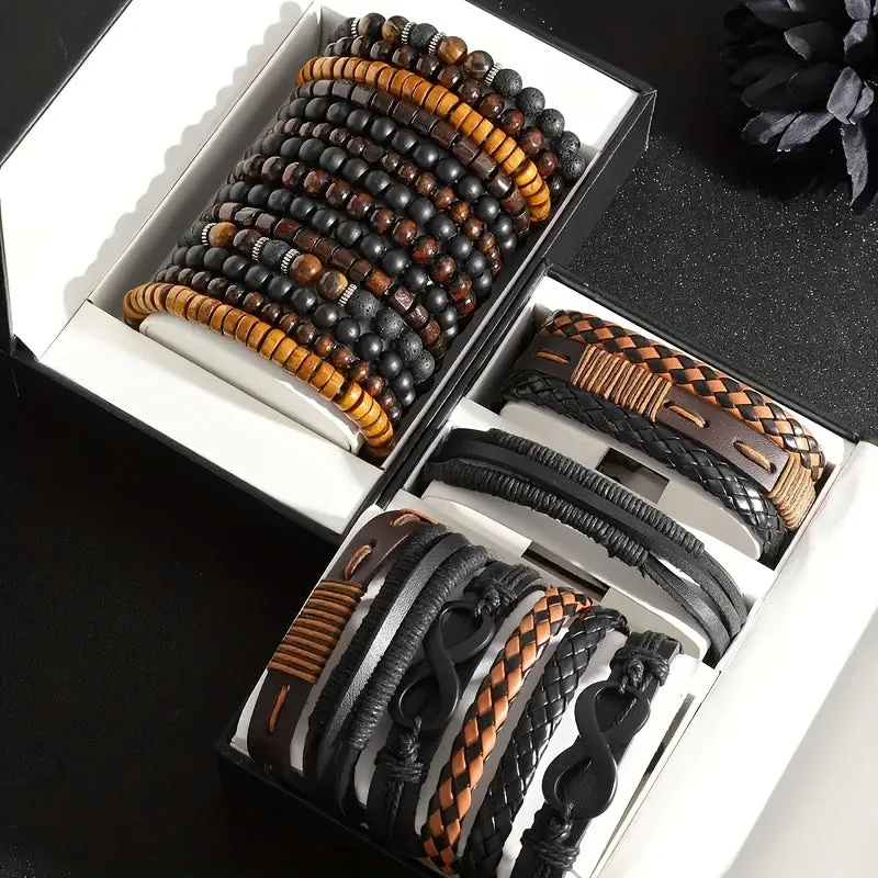 24pcs Men's Accessory Set Faux Leather & Wood Bead Layered Versatile Casual Wear