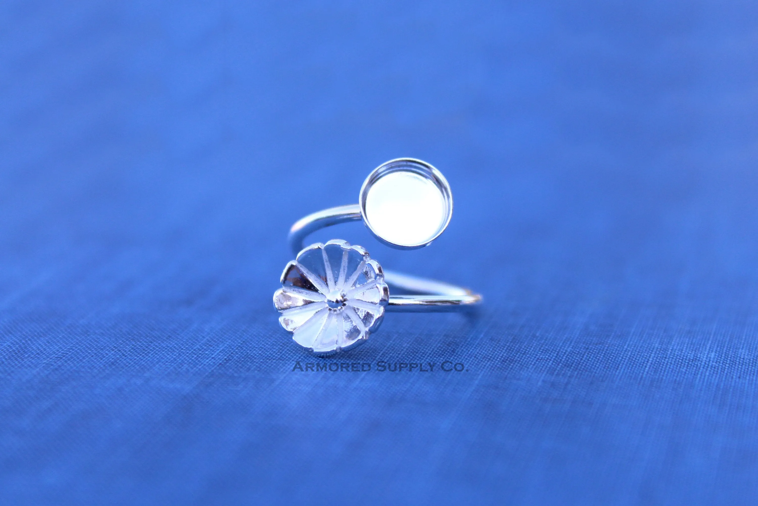 3mm Bezel Silver Flower Wrap Bypass Adjustable Ring blank