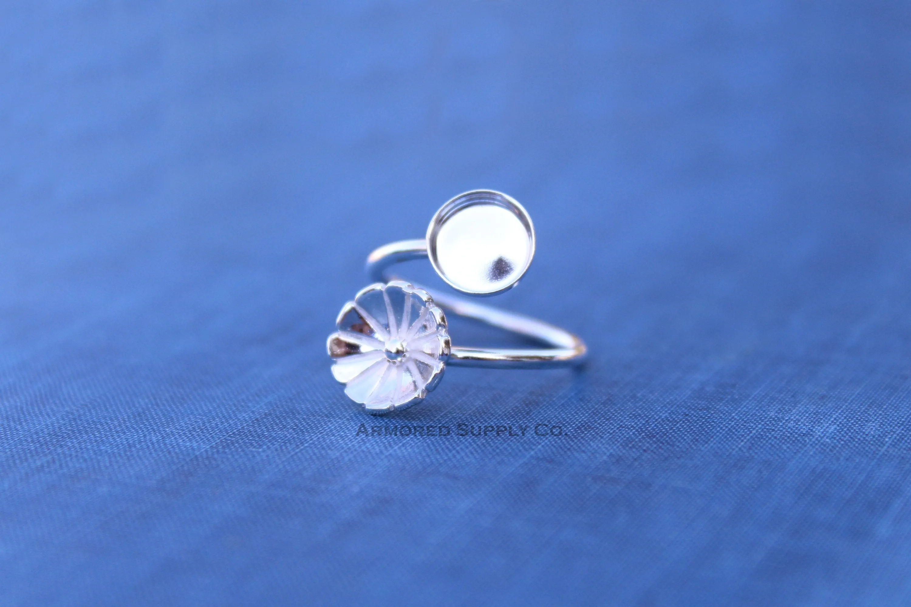 3mm Bezel Silver Flower Wrap Bypass Adjustable Ring blank